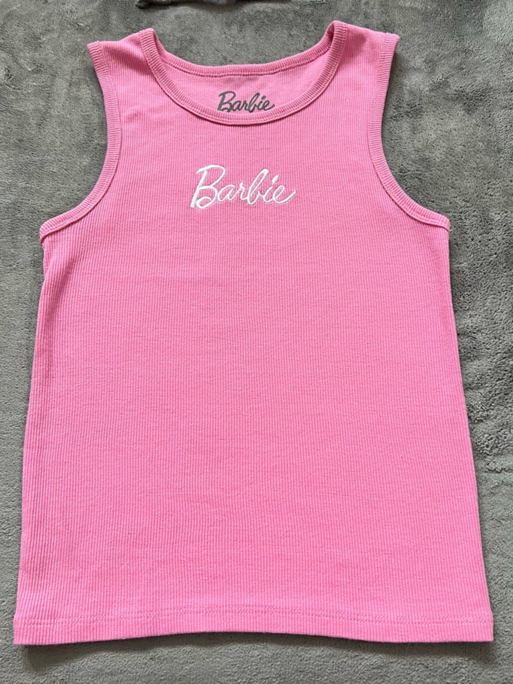 Women’s Barbie Pink Ribbed Tank Top with Embroidered White Logo Size XS Like New